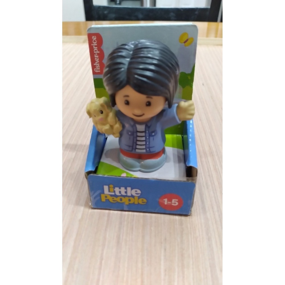 Fisher Price Little People Mom In Blue‎ Jacket Holding Beige Puppy